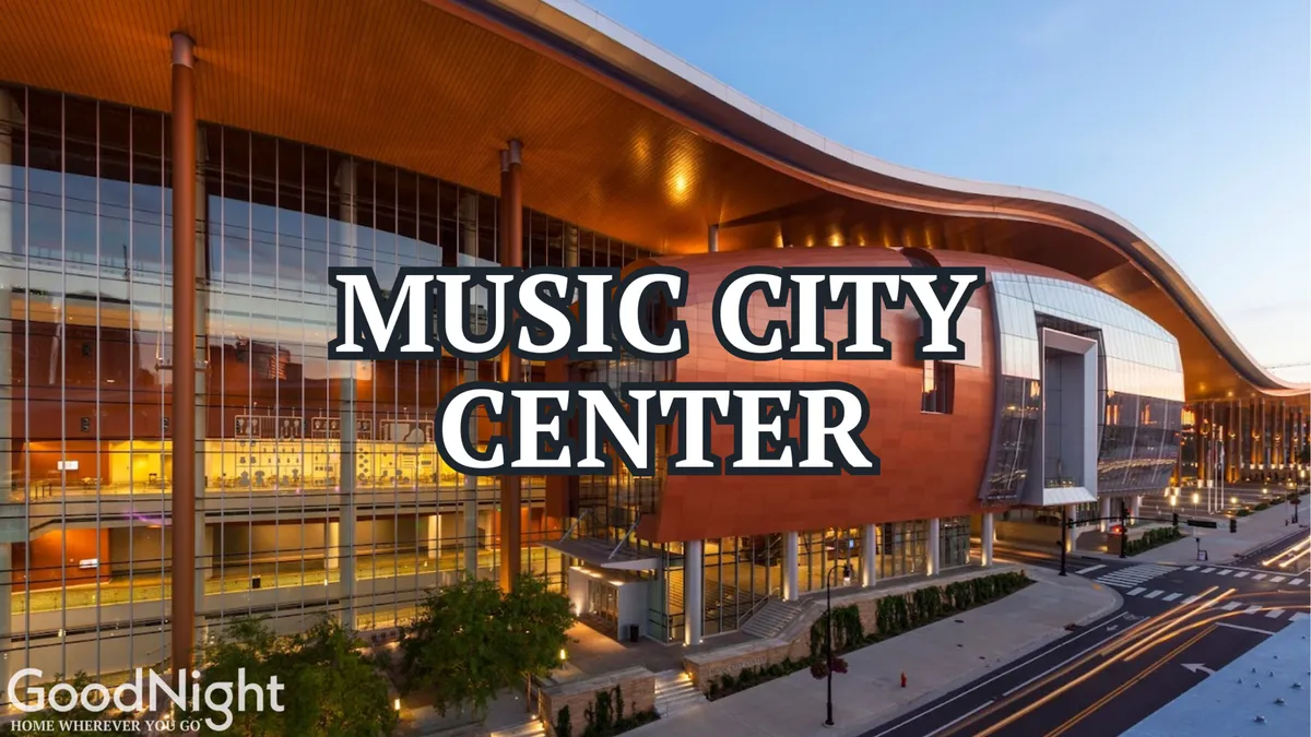 A vibrant exterior view of the Music City Center, showcasing its modern architectural lines, landscaped walkways, and public spaces bustling with activity. The scene reflects community gatherings and cultural events.