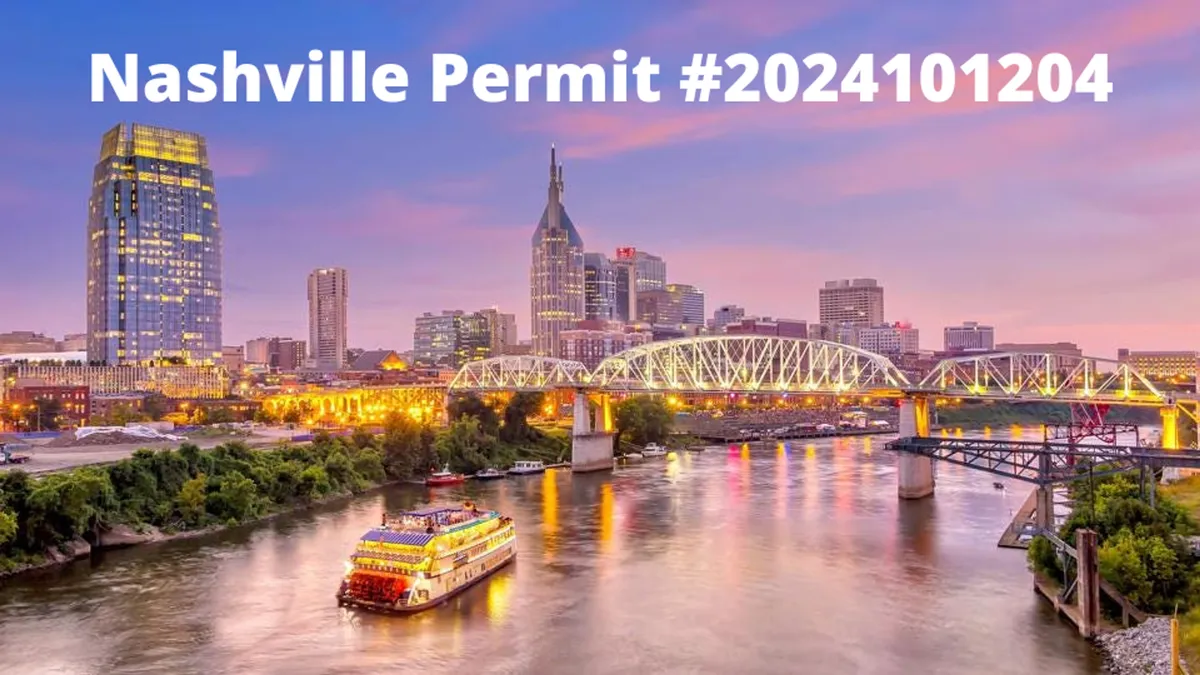 A stunning panoramic view of the Nashville skyline, the Cumberland River, bridges, and a riverboat at sunset. The scene is energetic and inviting, capturing the vibrancy and appeal of downtown Nashville, as well as easy access to local attractions and evening leisure activities.